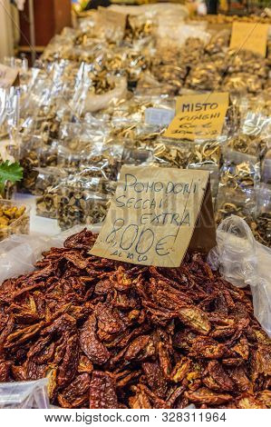 Ventimiglia Italy. 14 June 2019. A Colourful Display Of Dried Tomatoes At The Local Market In Ventim