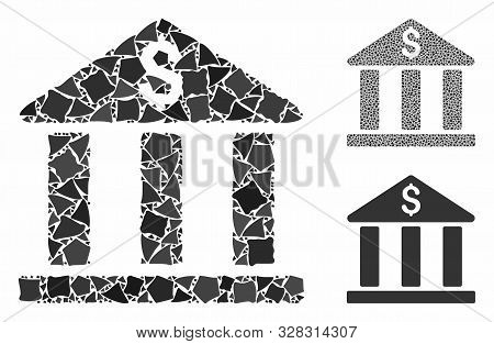 Bank Building Mosaic Of Humpy Items In Different Sizes And Color Tinges, Based On Bank Building Icon