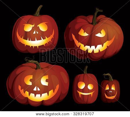 Pumpkin Jack Skeleton Face Vector Set. Halloween Pumpkins Isolated. Realistic Orange Pumpkin.