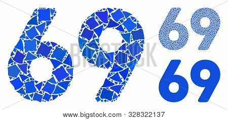 69 Digits Text Composition Of Ragged Parts In Various Sizes And Color Tones, Based On 69 Digits Text