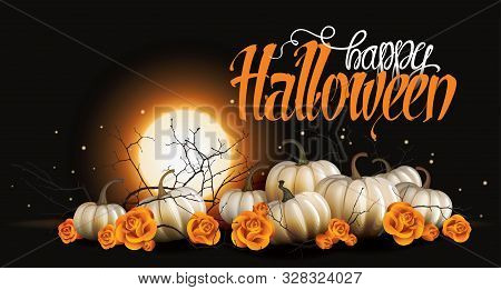 Halloween Background With White Pumpkins And Orange Roses Vector Illustration. Romantic And Elegant 