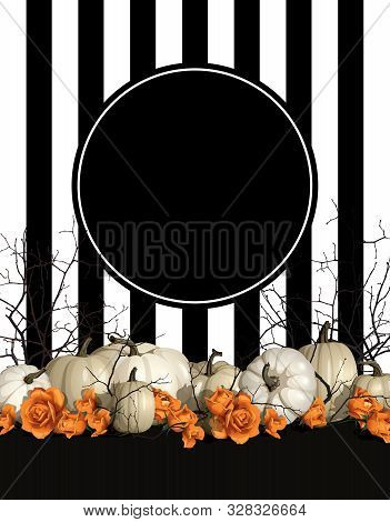 Halloween Background With White Pumpkins And Orange Roses Vector Illustration. Elegant And Fashion H