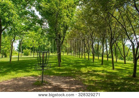 Disc Golf Basket Surrounded By Trees On A Sunny Day