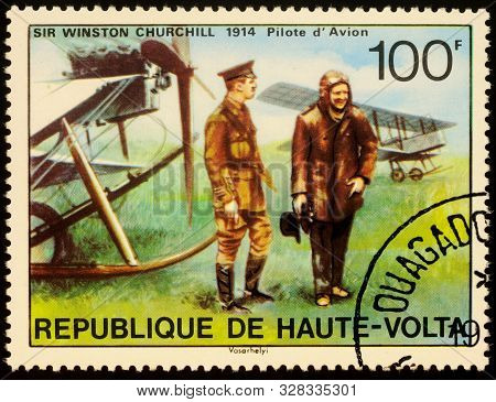 Moscow, Russia - October 16, 2019: Stamp Printed In Upper Volta Shows Winston Churchill In 1914 As P