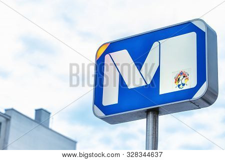 Brussels, Belgium, 10/13/2019: Metro Sign In The City. Close-up.