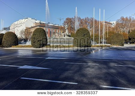 Madrid, Spain - January 22, 2018: Neptuno Fountain In City Of Madrid, Spain
