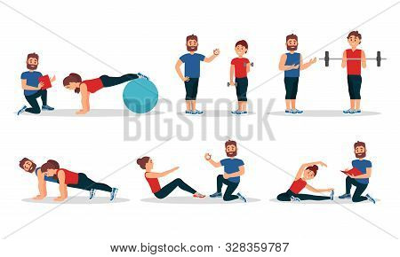 Man And Woman Characters In Gym With Personal Trainer Vector Illustrations