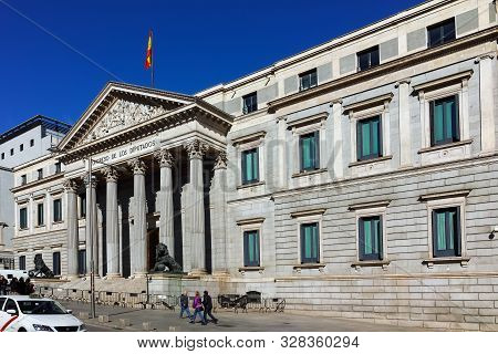 Madrid, Spain - January 22, 2018: Building Of Congress Of Deputies (congreso De Los Diputados) In Ci