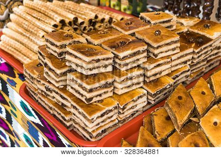 Baklava. Traditional Turkish Sweets. Oriental Flavors. Market With Oriental Sweets. Food On The Coun