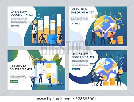 Startup Illustration Set. Team Sticking Notes On Planning Board, Constructing Diagrams. Business Con
