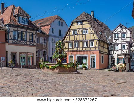 Easter Decoration At A Fountain On The Historical Market Place Of Neckargemünd, A Town Near Heidelbe