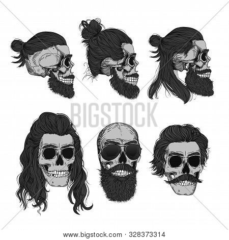 Monochrome Bearded Male Skulls With A Stylish Haircut, Beard And Mustache. Picture For Halloween, Ba