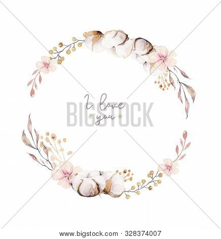 Watercolor Boho Floral Botanical Wreath. Bohemian Natural Frame: Cotton Flowers, Willow Flowers Leav