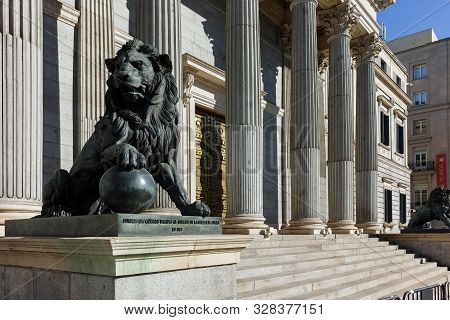 Madrid, Spain - January 22, 2018: Building Of Congress Of Deputies (congreso De Los Diputados) In Ci