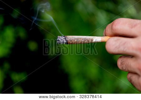 Male hand holding a ilegal cigar with a green background