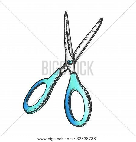 Scissors Metal Cutting Equipment Color Vector. Sharp Cutting Scissors. Stationery Or Hairdresser Too