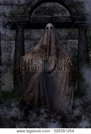 Portrait Of A Scary Sheet Ghost Full Of Dirty Blood. 3d Illustration.