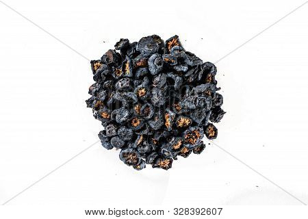 Heap Of Sun Dried Blueberries Isolated On White Background. Top View
