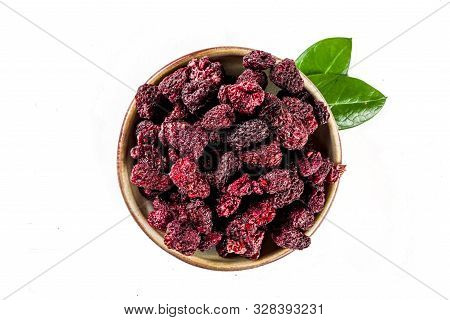 Heap Of Sun Dried Sweet Raspberries Isolated On White Background. Top View