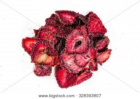 Heap Of Sun Dried Sweet Strawberries Isolated On White Background. Top View