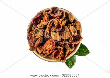 Heap Of Sun Dried Apricot Slices Isolated On White Background. Top View