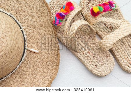 Bohemian Straw Wicker Hat And Slippers. Boho Stile Mosk Up.