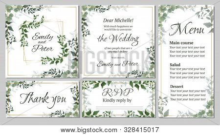 Flora Greeting Card For A Wedding Invitation, Thank You, Rsvp, Menu. Green Elegant Leaves. Green Pla