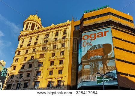 Madrid, Spain - January 22, 2018: Sunset View Of Callao Square (plaza Del Callao) In City Of Madrid,