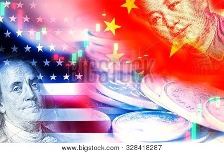 Usa And China Flag On Coins And Stock Market Chart .it Is Symbol Of Economic Tariffs Trade War And T