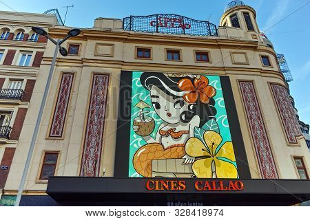 Madrid, Spain - January 22, 2018: Sunset View Of Callao Square (plaza Del Callao) In City Of Madrid,