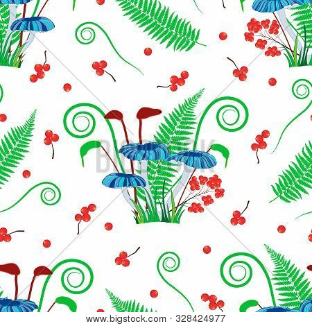 Vector Illustration. Magical Blue Mushroom, Moss, Fern And Curvy Grass Bouquet Bunch On White Backgr