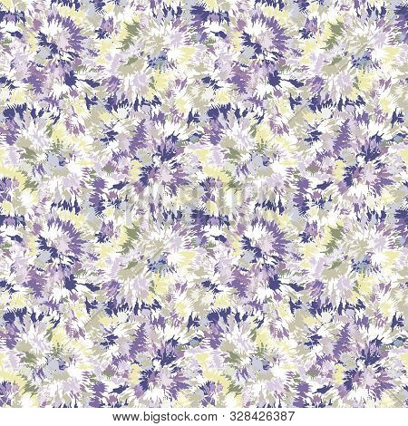 Blurry Shibori Tie Dye Naive Daisy Background. Seamless Pattern On Bleached Resist White. Spring Lil