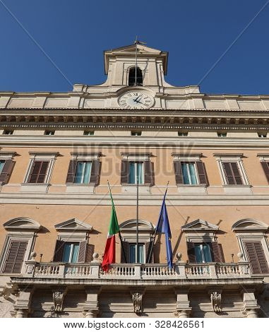 Facade Of Palace Of Italian Parliament Called Montecitorio In Rome Italy