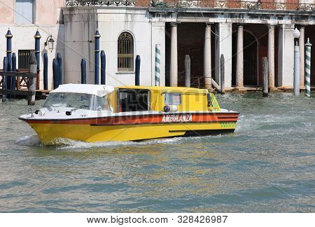 Special Ambulance Boat In Venice Italy. In This Island The Roads Are Waterway