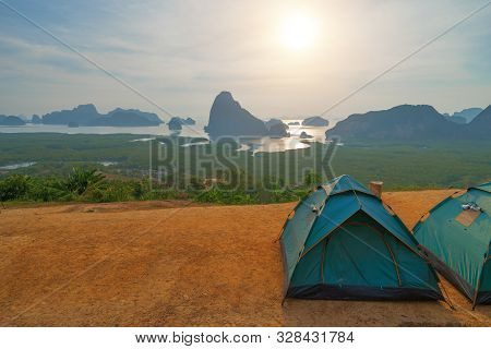 Tents Or Camps In Samet Nangshe Viewpoint At Sunset With Andaman Sea In Phang Nga Bay, Tourist Attra
