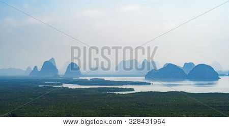 Samet Nangshe Viewpoint At Sunset With Andaman Sea In Phang Nga Bay, Tourist Attraction In Summer Se