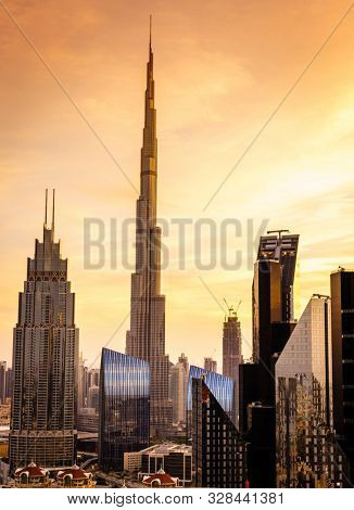 View of Duba downtowni skyline at sunset