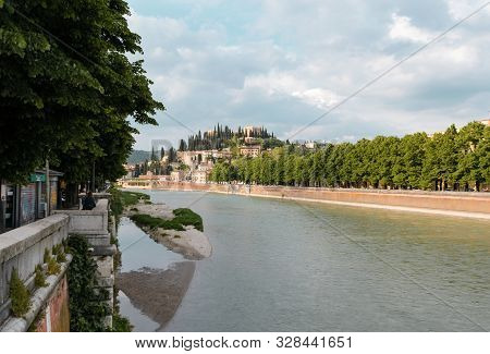 Panoramic View On The Dige River In The Evening In Verona. Italy