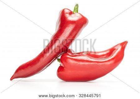 Group Of Two Whole Sweet Red Bell Pepper Isolated On White Background