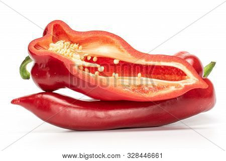 Group Of One Whole One Half Of Sweet Red Bell Pepper Isolated On White Background