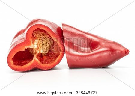 Group Of Two Halves Of Sweet Red Bell Pepper Isolated On White Background