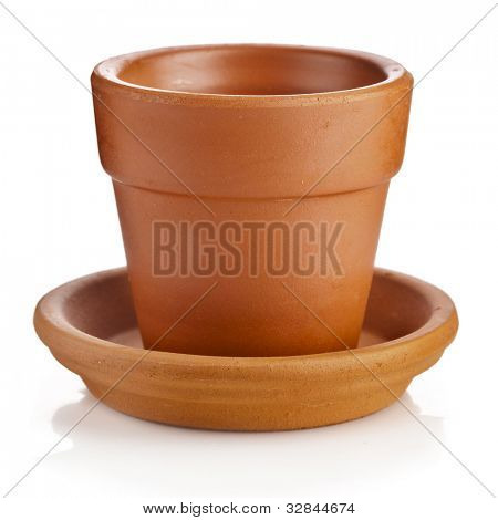 Ler flower pot med underkop isoleret på hvid baggrund