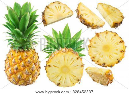 Collection of pineapple and different pineapple fruit slices isolated on white background.