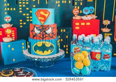 Perm/russia - April, 25, 2018: Delicious Sweet Buffet With Cake. Spiderman, Superman, Batman  Candy 
