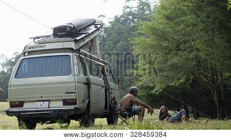Encuentro Park, Chiapas, Mexico - April13th , 2018: Couple Camping In A Classic Camper Van
