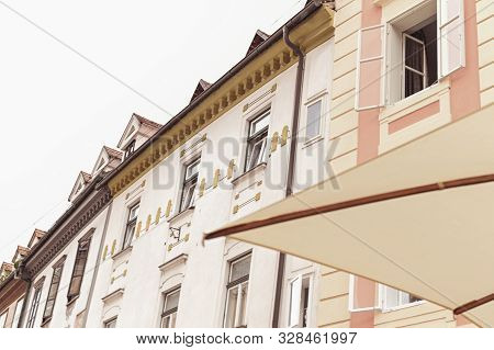 Architecture Of Slovenia. Historic Streets During The Day. Travel Photo. Free Space For Text