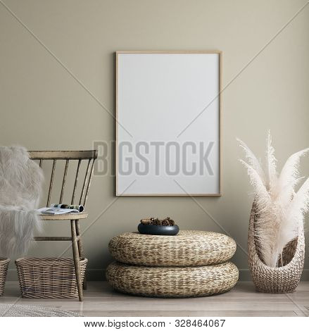 Poster Mock Up In Home Interior With Old Bench, Scandinavian Bohemian Style, 3d Illustration
