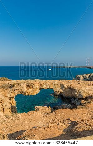 Cape Greco Cyprus. 13 August 2019. A View Of Karakas Arch At Cape Greco In Cyprus