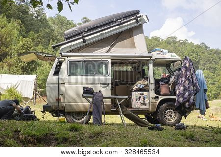 Encuentro Park, Chiapas, Mexico - May14th , 2018: Classic Camper Van Park Outdoors With Clothes Hang