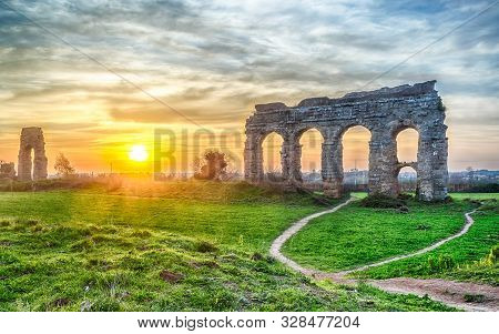Ruins Of The Iconic Parco Degli Acquedotti, Rome, Italy. The Public Park Is Named After The 7 Ancien